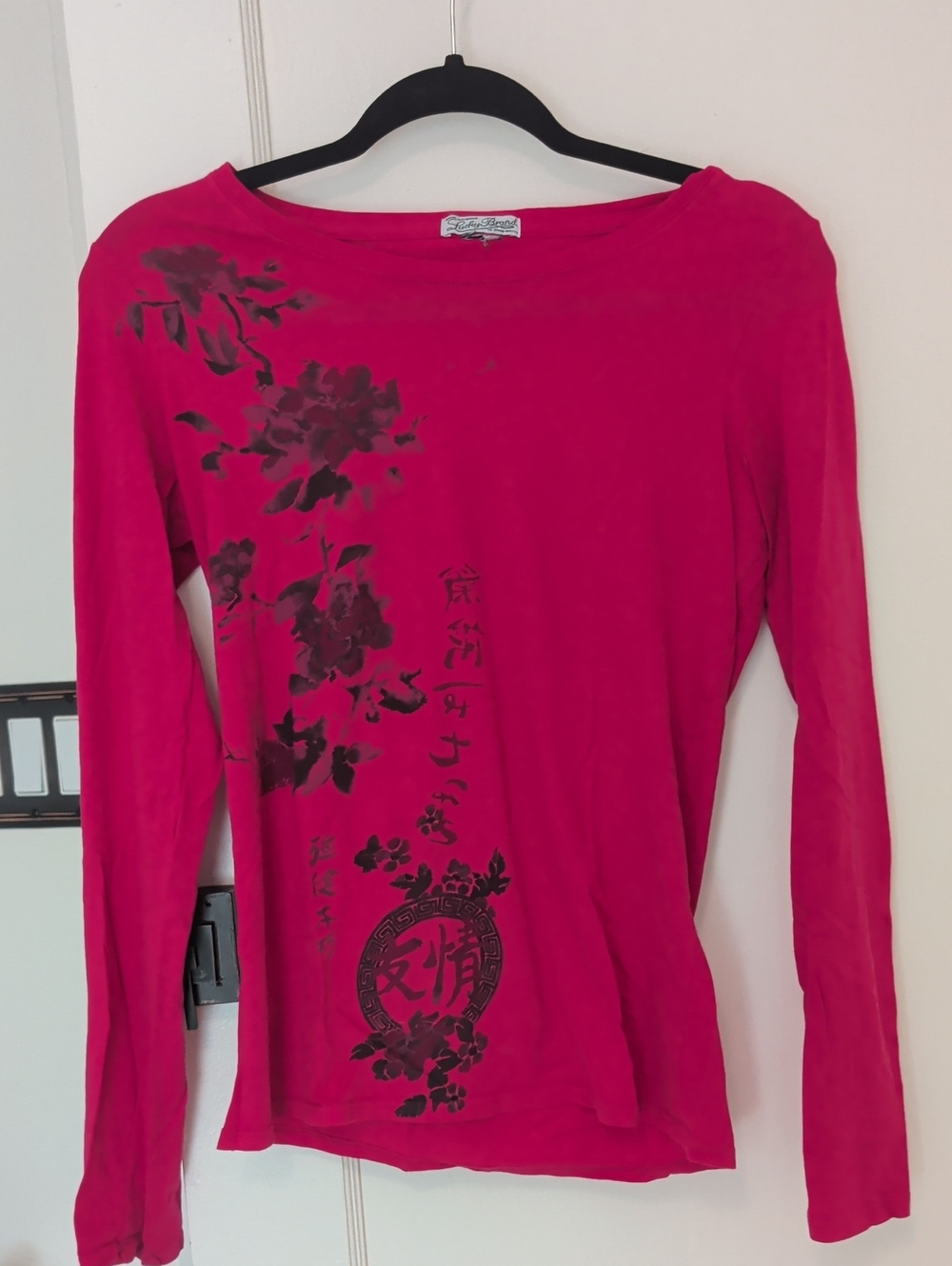 Lucky Brand Hot Pink Long-Sleeve Tee with Black Floral Graphic